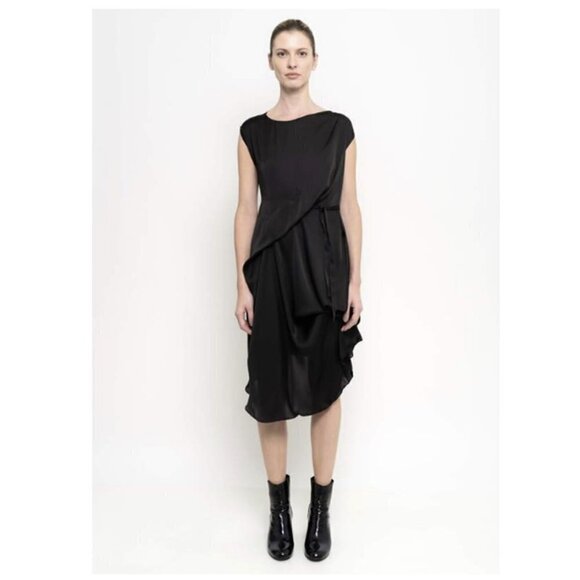 UMA RAQUEL DAVIDOWICZ Romulu Faux Waist Tie Draped Satin Black Dress - Picture 1 of 10